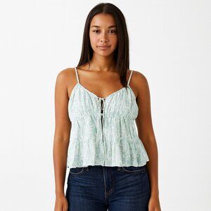 American Eagle Blue White Floral Open Tie Front Strappy Tank Top Crop Large